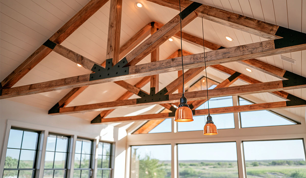 Vaulted scissor timber roof trusses installed in the high-ceiling great room of a custom ranch home in Inez near Victoria, TX.