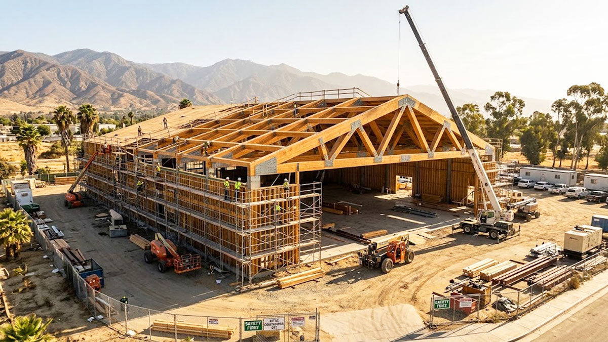 Commercial logistics center framed with clear-span timber roof trusses in California.