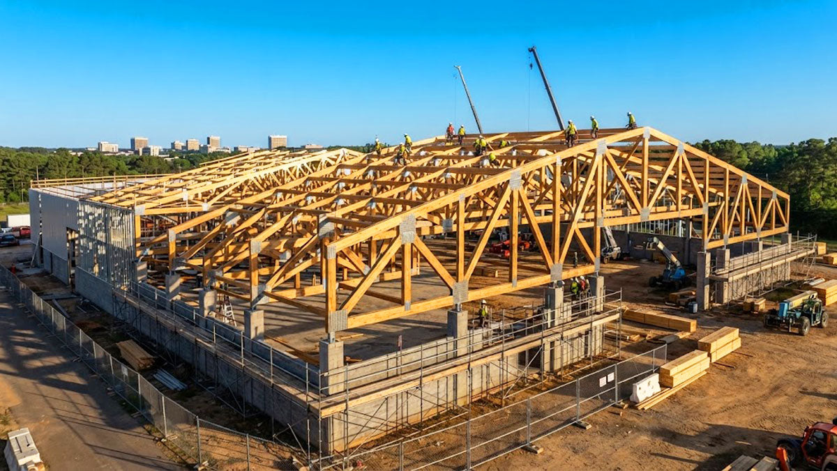 Commercial development framed with clear-span timber roof trusses in Jackson, Mississippi.