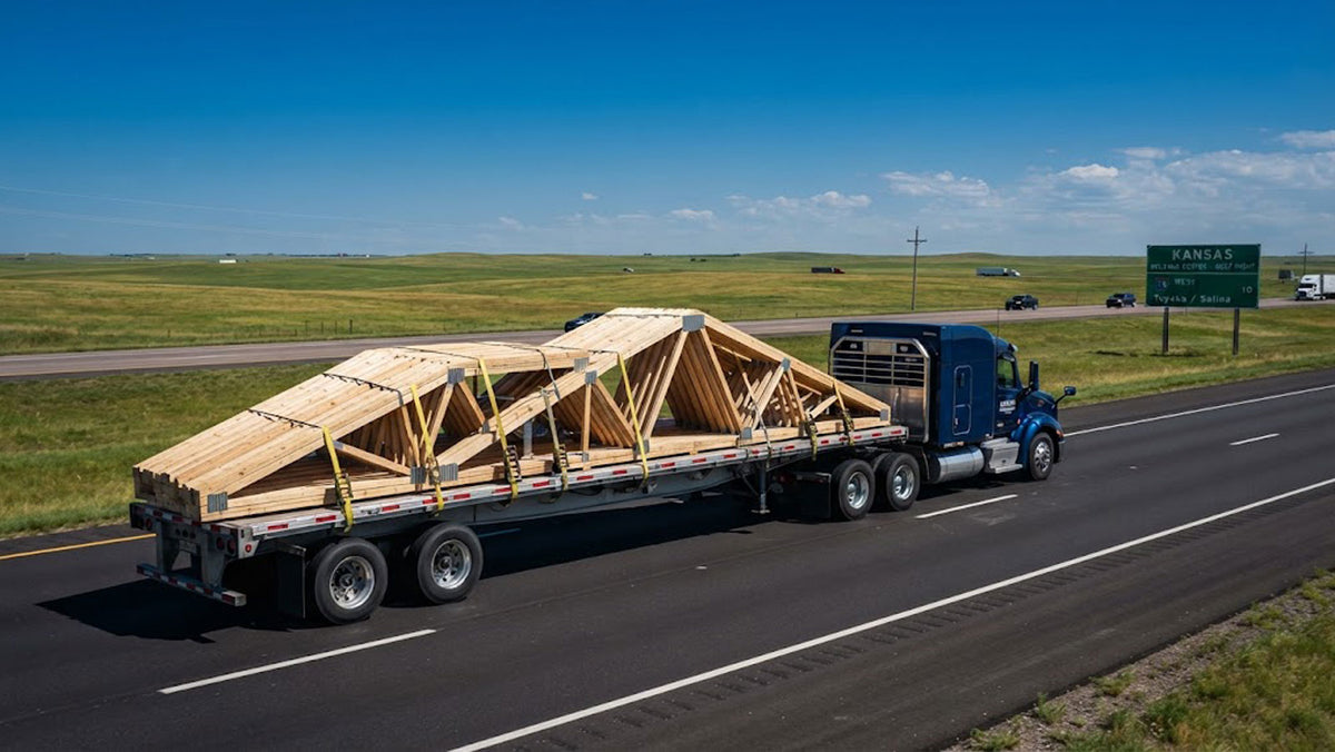 American Truss commercial flatbed semi-truck transporting banded timber roof trusses along I-35 toward Kansas.