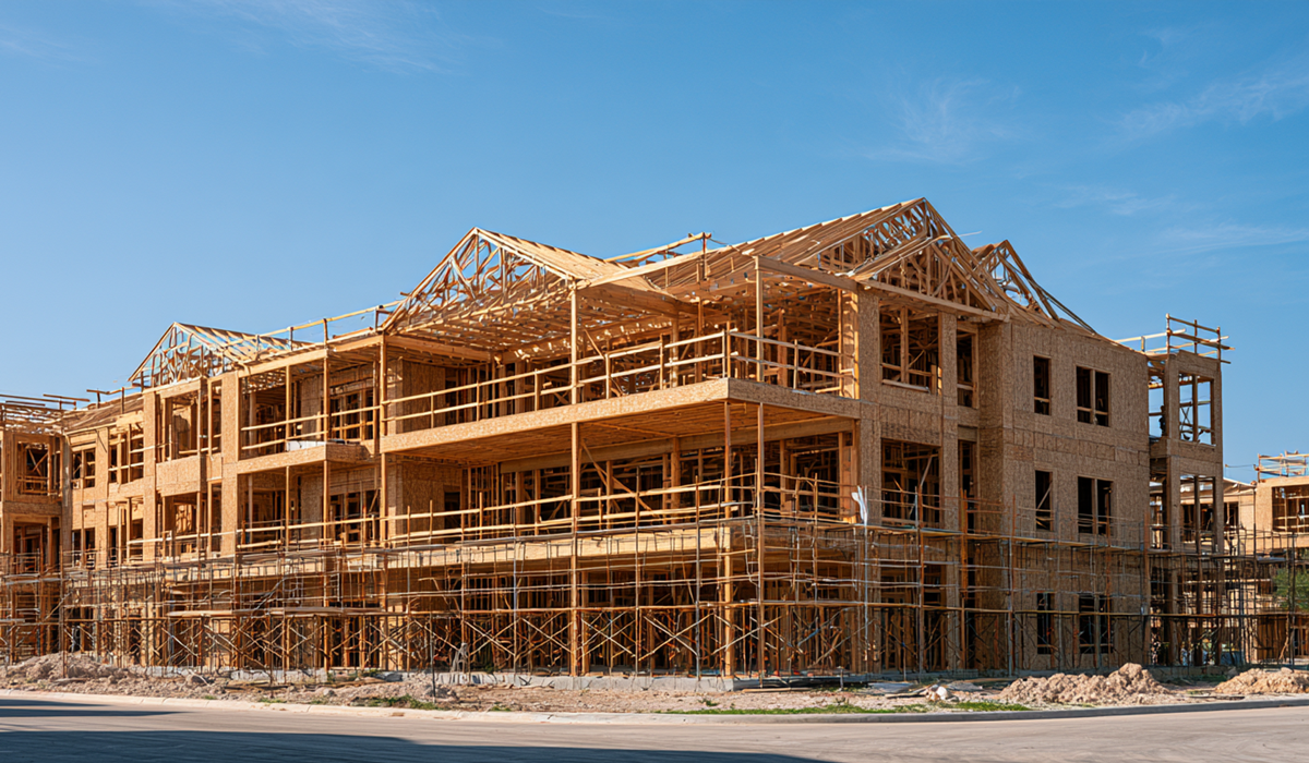 Multi-family residential complex framed with engineered wood roof and floor trusses in Killeen, Texas.