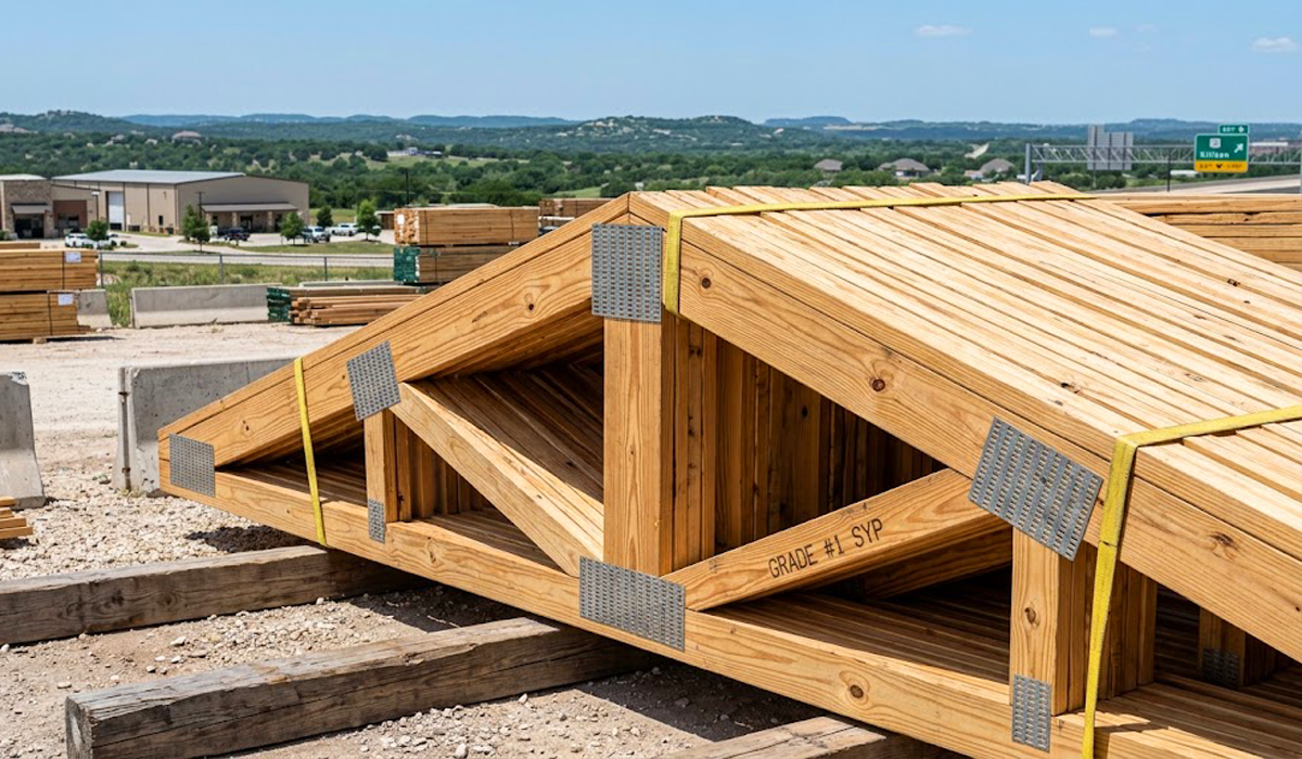 Engineered wood roof trusses bundled and banded for commercial and multi-family delivery in Killeen, TX.