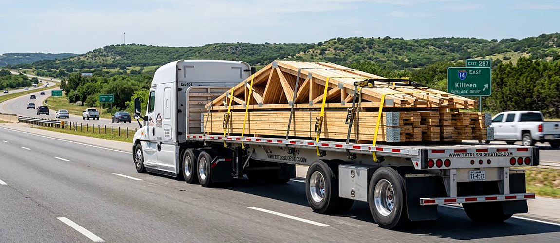 American Truss flatbed truck transporting banded timber roof trusses along I-14 near Killeen, Texas.
