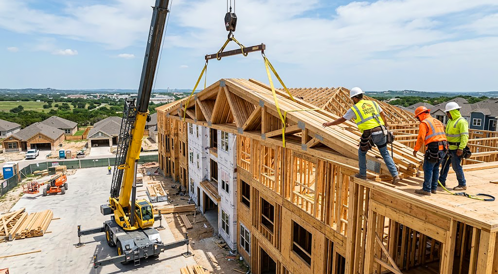 Hydraulic crane hoisting an engineered timber roof truss onto an active multi-family framing site in Killeen, TX.