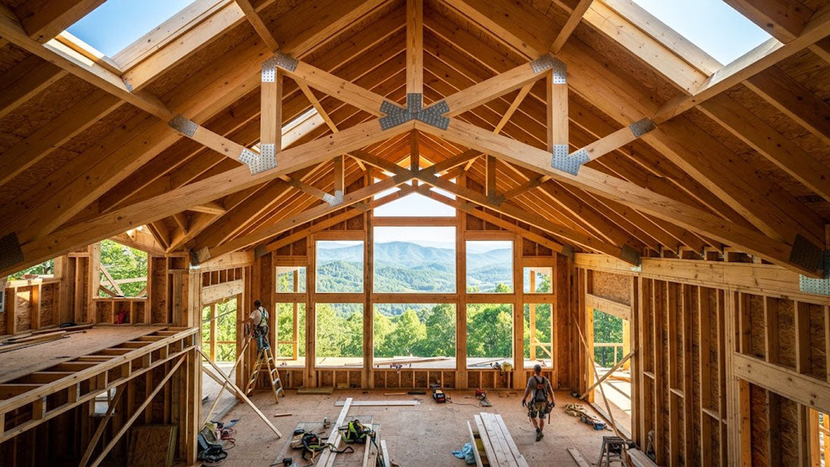 Vaulted scissor timber roof trusses installed in a custom mountain estate near Knoxville, Tennessee.
