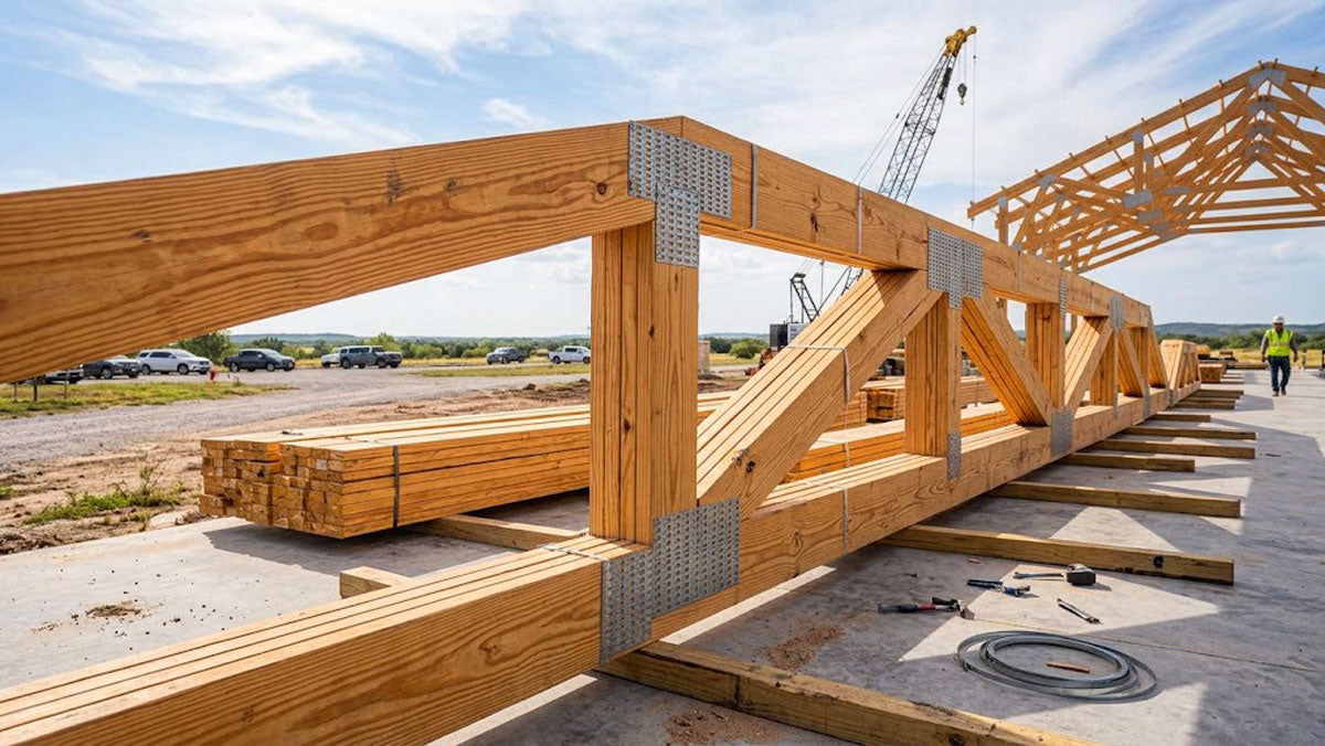Staged engineered roof trusses with galvanized steel connector plates