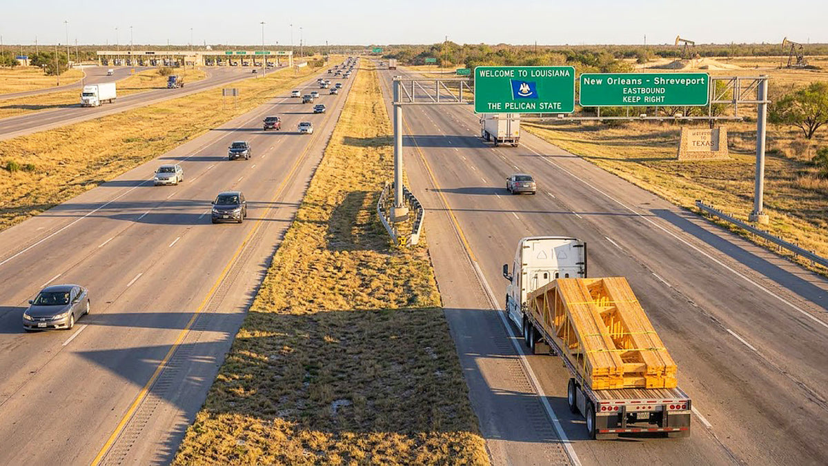 American Truss commercial flatbed semi-truck transporting banded timber roof trusses along I-10 toward Louisiana.
