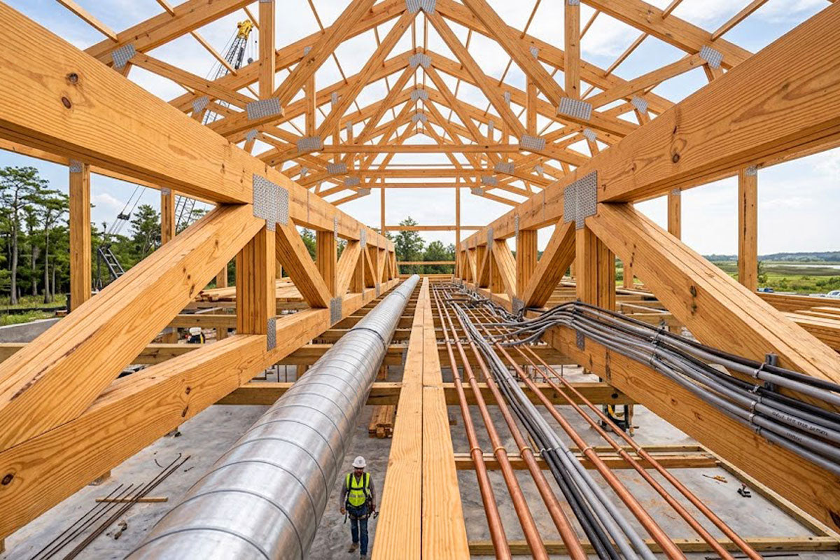 Installed open-web floor trusses providing clear mechanical routing
