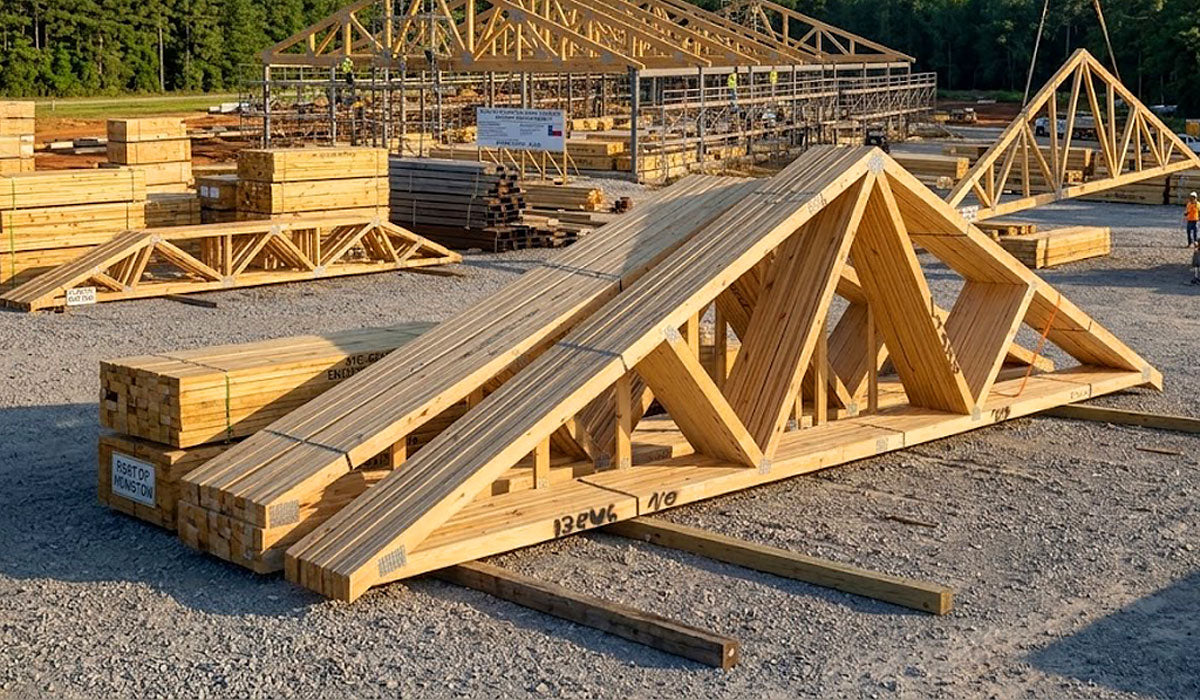 Heavy-duty Southern Yellow Pine engineered roof trusses with galvanized plates staged in Lufkin, TX.