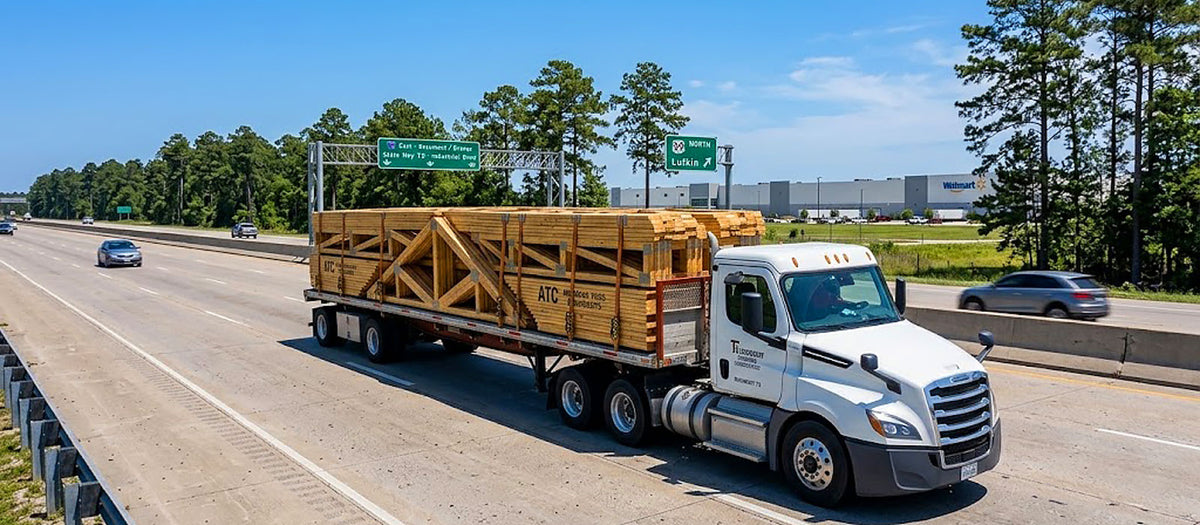 American Truss commercial flatbed truck transporting banded timber roof trusses along US-59 near Lufkin, Texas.