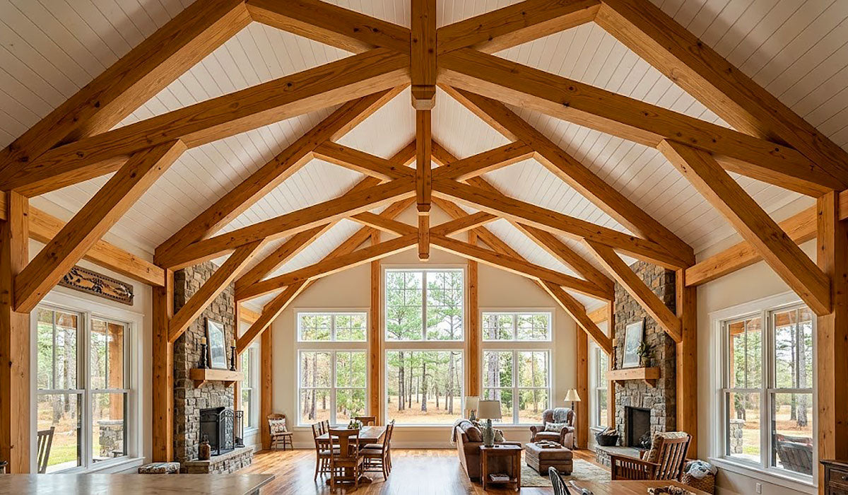 Vaulted scissor timber roof trusses installed in a custom home in Lumberton near Beaumont, TX.