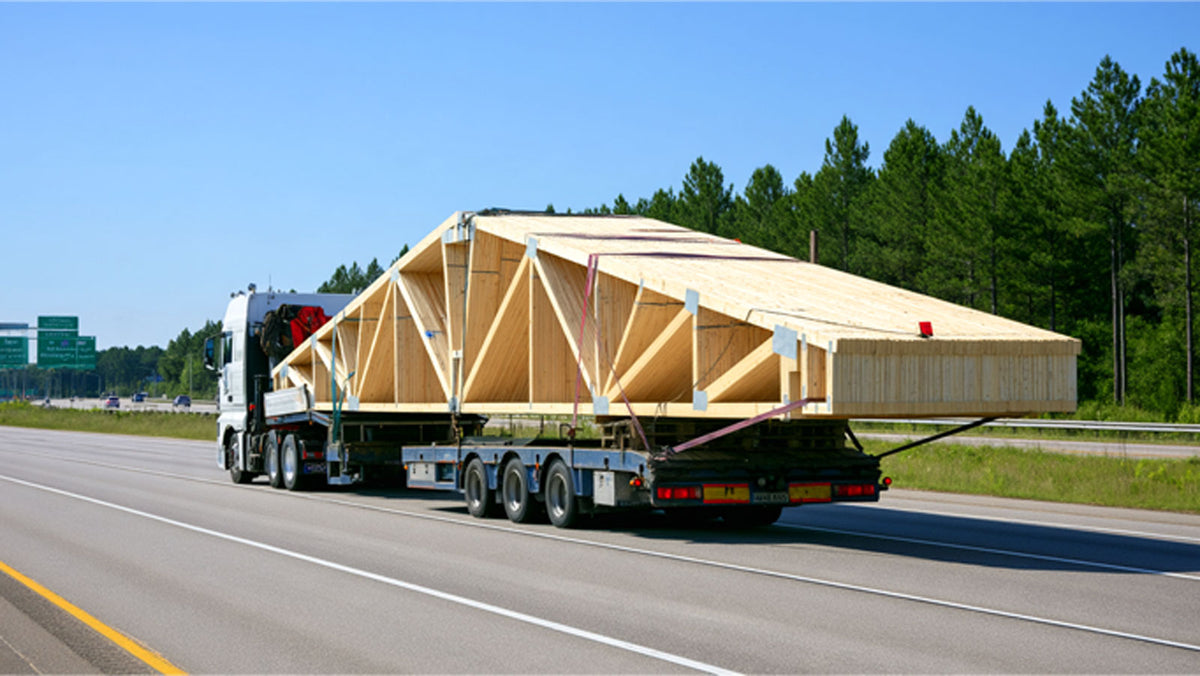American Truss commercial flatbed semi-truck transporting banded timber roof trusses along I-20 toward Mississippi.