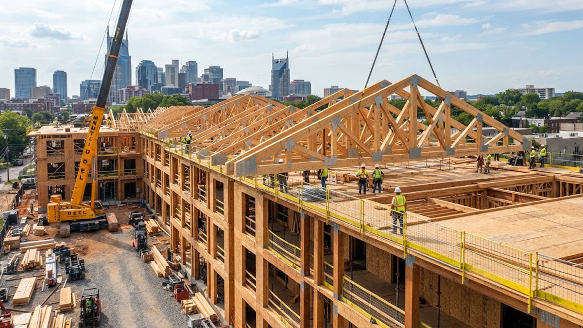 Multi-family development framed with clear-span timber roof trusses in Nashville, Tennessee.