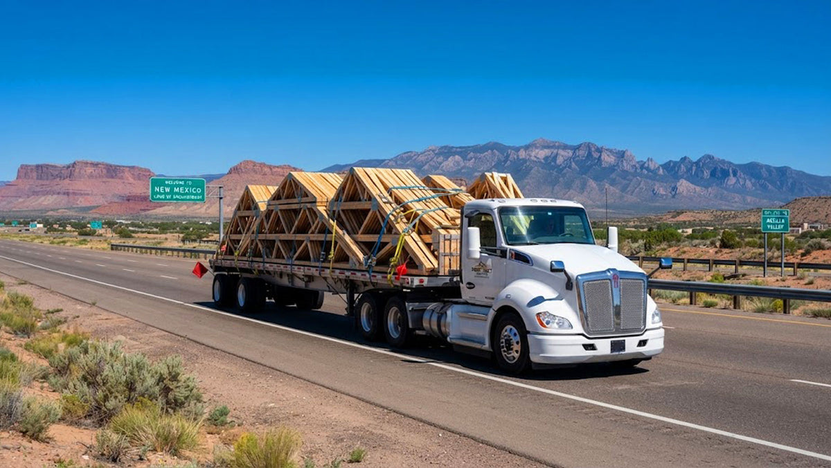 American Truss commercial flatbed semi-truck transporting banded timber roof trusses along I-40 toward New Mexico.