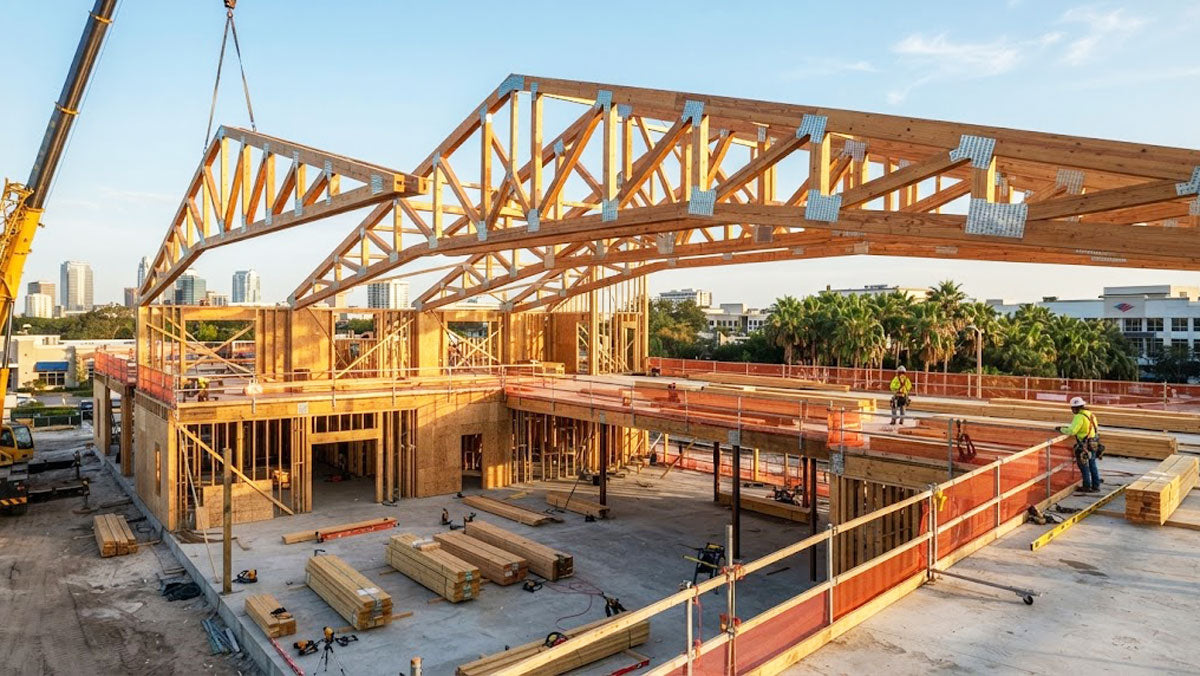 Commercial facility framed with clear-span timber roof trusses in Orlando, Florida.