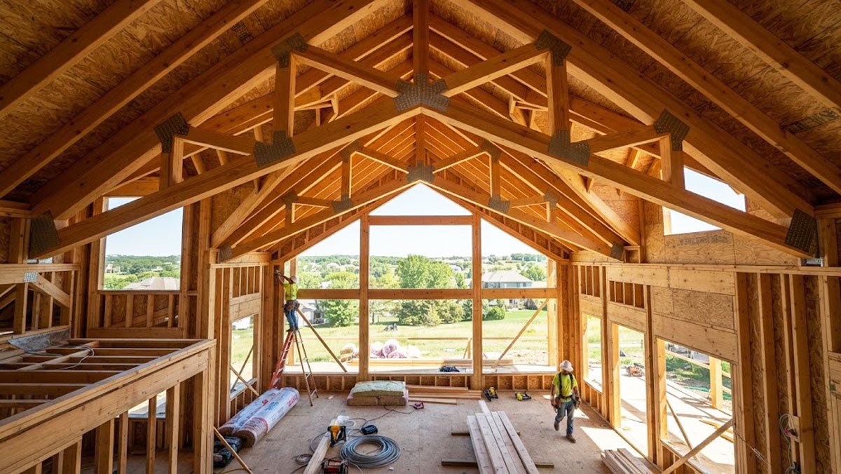 Vaulted scissor timber roof trusses installed in a luxury custom home in Overland Park, Kansas.