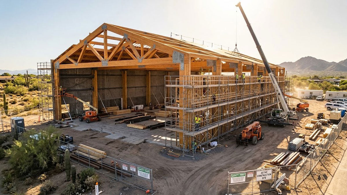 Commercial facility framed with clear-span timber roof trusses in Phoenix, Arizona.