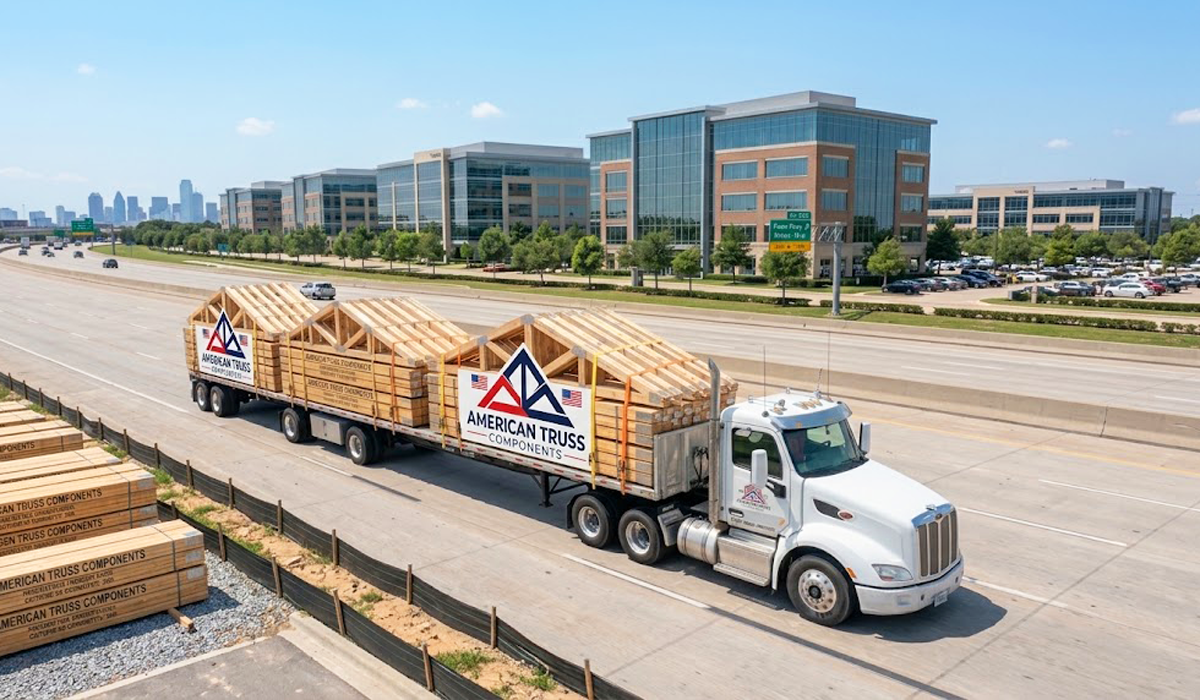 Flatbed truss delivery truck serving Plano and Collin County construction jobsites