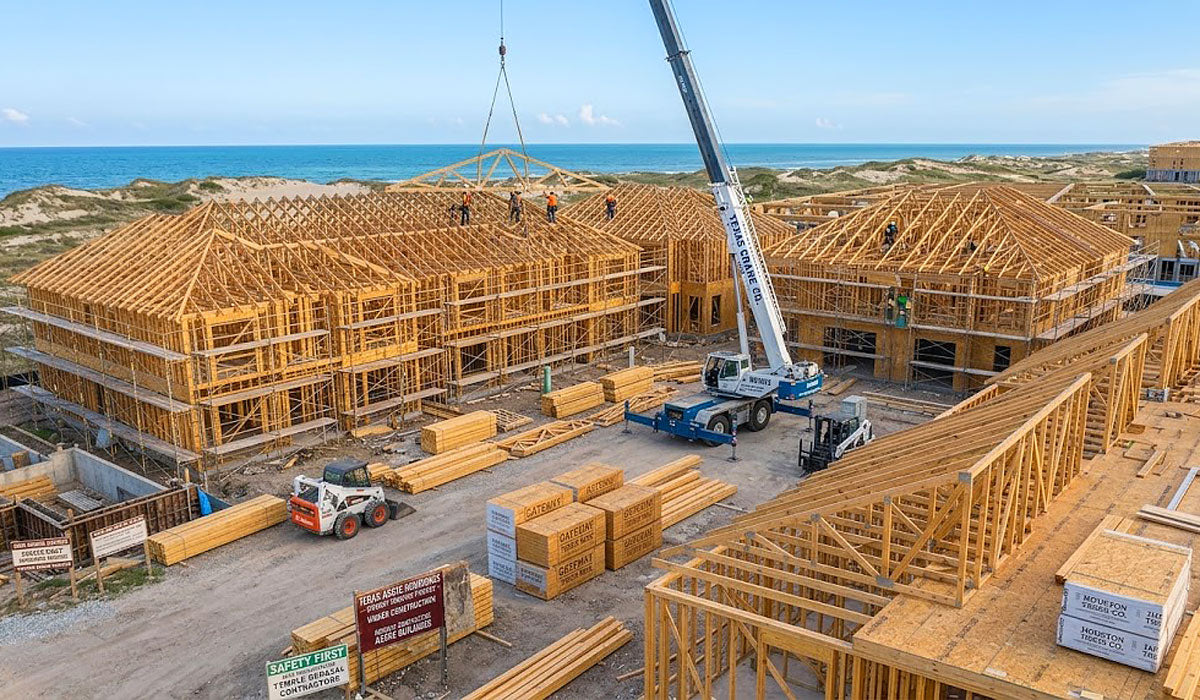 Multi-unit oceanfront resort villas framed with TDI windstorm-rated timber roof trusses in Port Aransas, Texas.