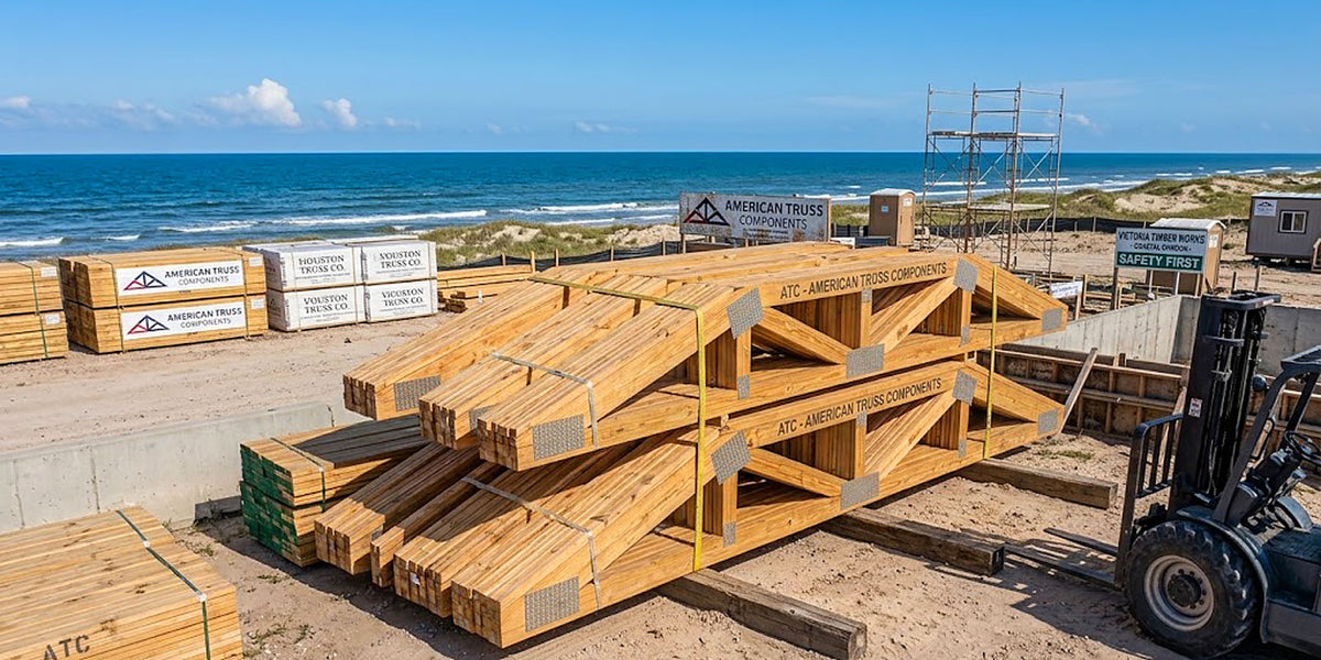 Engineered wood roof trusses with heavy galvanized connector plates bundled for delivery in Port Aransas, TX.