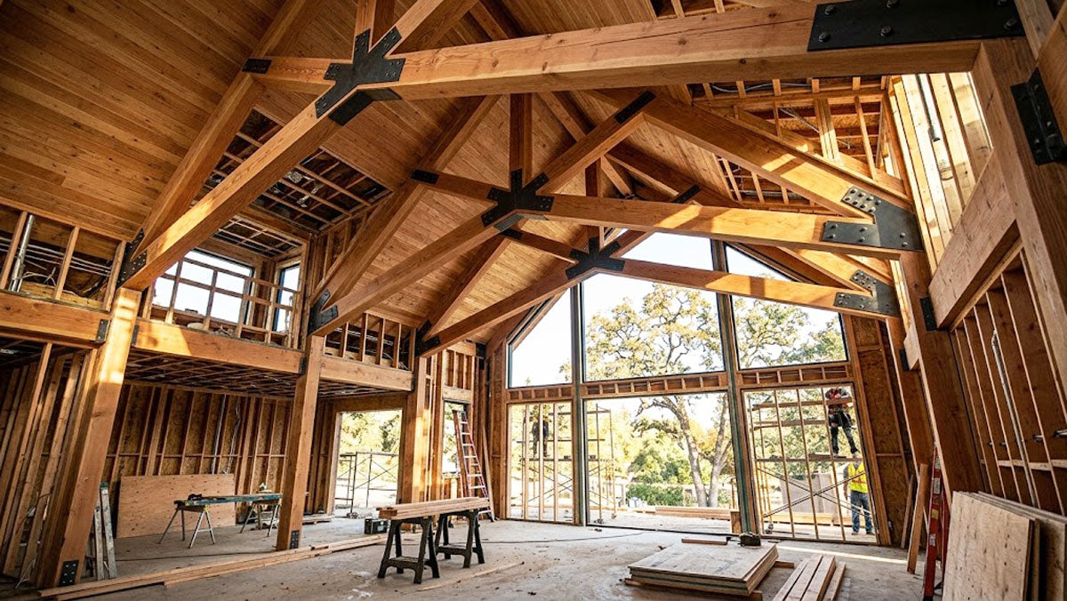 Vaulted scissor timber roof trusses installed in a custom modern residence in Sacramento, California.