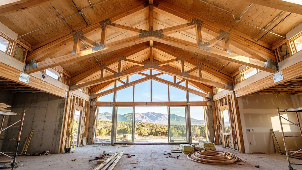 Vaulted scissor timber roof trusses installed in a custom mountain home in Santa Fe, New Mexico.