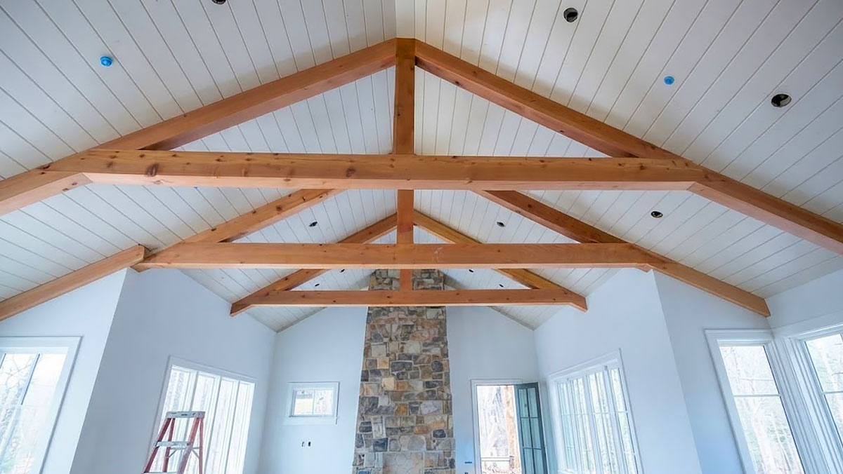 Vaulted scissor timber roof trusses installed in a custom coastal estate near Savannah, Georgia.