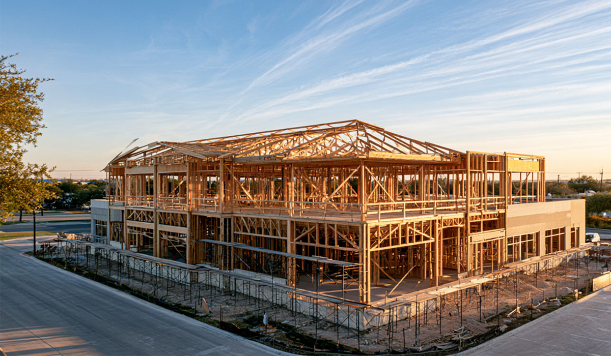Commercial medical facility framed with engineered wood roof and floor trusses in Temple, Texas.