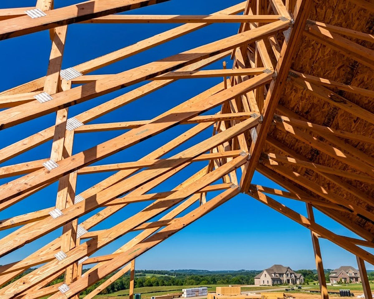 Engineered wood roof trusses framed on an active commercial medical and residential construction site in Temple, Bell County, Texas.