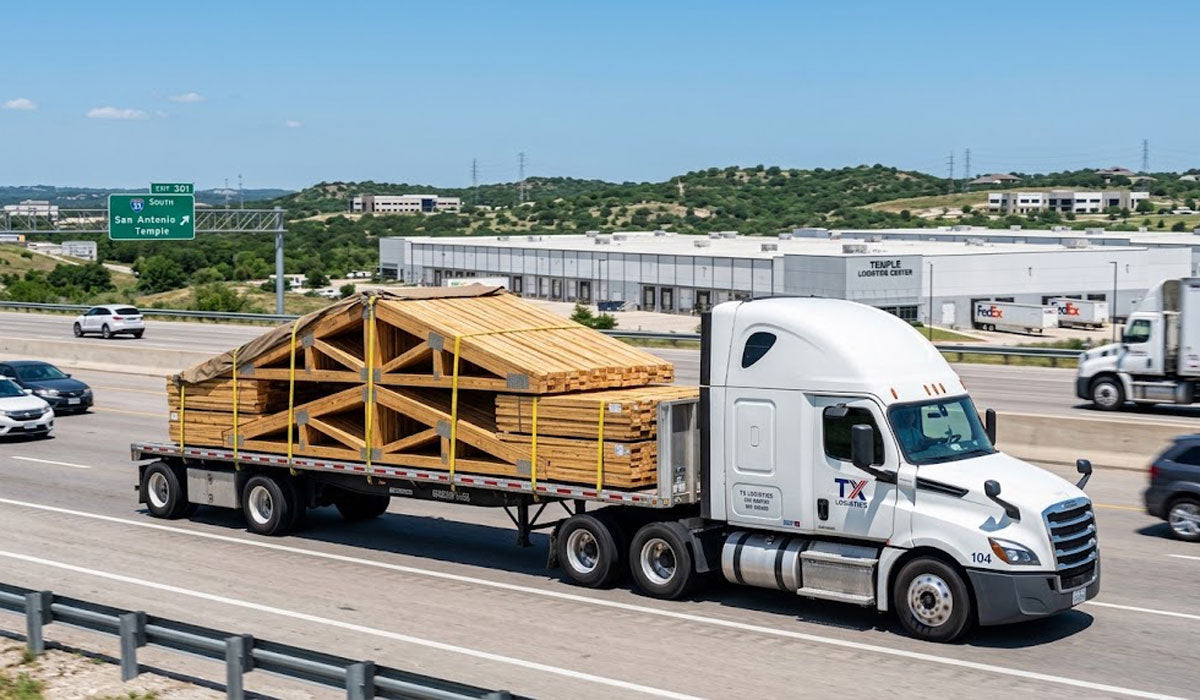 American Truss flatbed truck transporting banded timber roof trusses along I-35 near Temple, Texas.