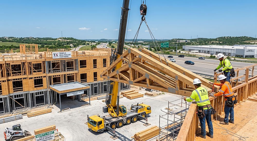 Hydraulic crane hoisting an engineered timber roof truss onto an active commercial jobsite in Temple, TX.