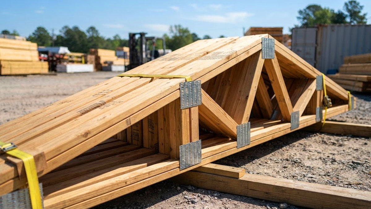 Engineered wood roof trusses with heavy galvanized connector plates bundled for Tennessee jobsite delivery.