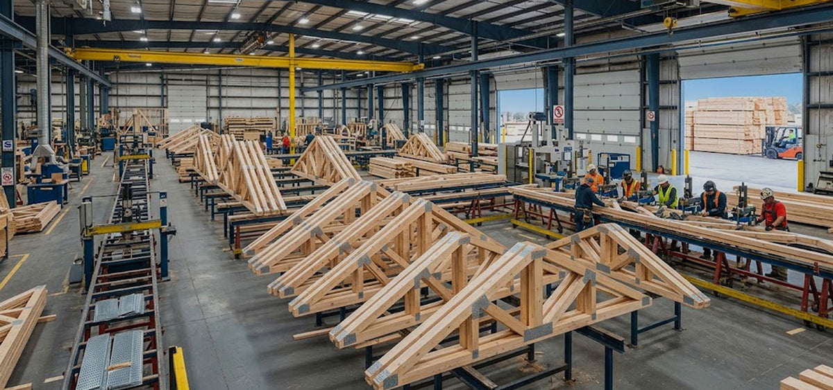 Custom engineered wood roof and floor trusses manufactured for residential and commercial builders in Tyler, Texas.
