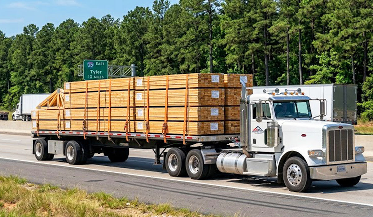 American Truss flatbed truck delivering engineered timber roof trusses along Loop 323 to Tyler, Texas.