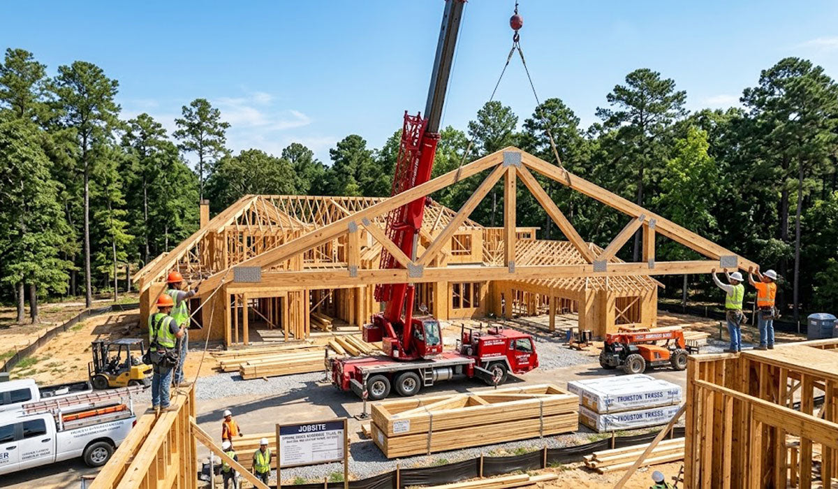 Mobile crane hoisting an engineered wood roof truss assembly onto a custom estate framing jobsite in Smith County, TX.