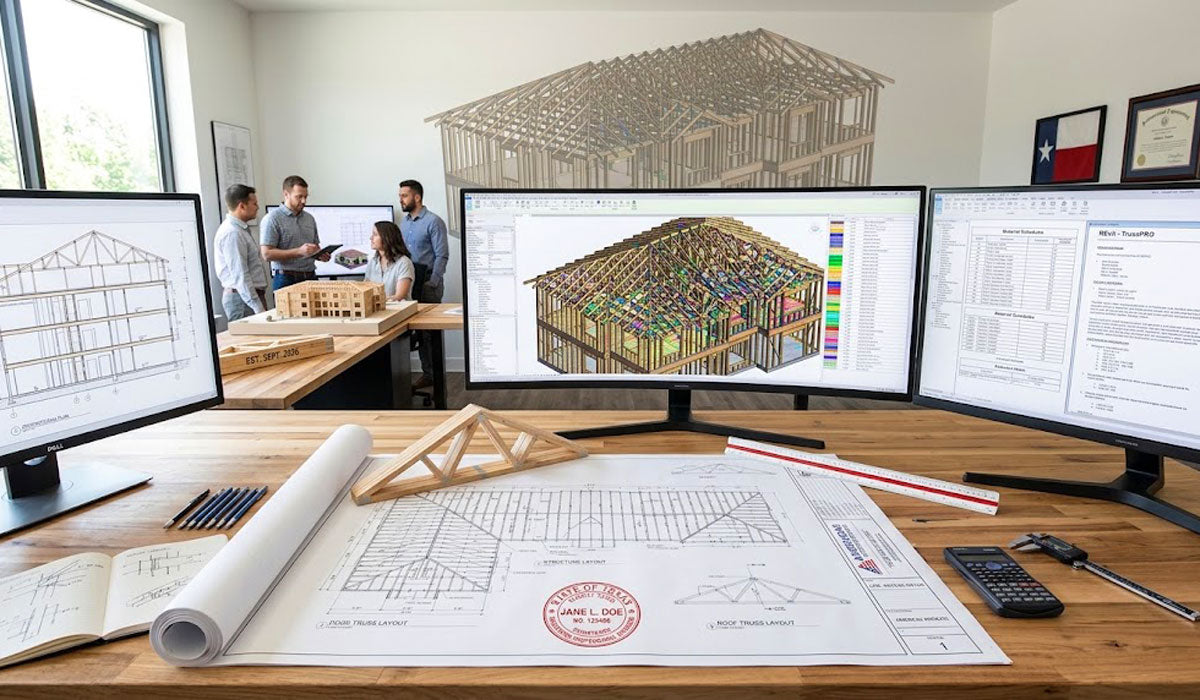 Texas PE-stamped structural truss calculation drawings and 3D BIM models for City of Tyler building permits.