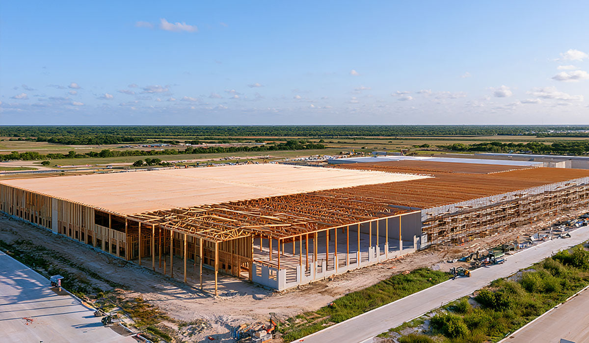Commercial logistics warehouse framed with clear-span timber roof trusses in Victoria, Texas.