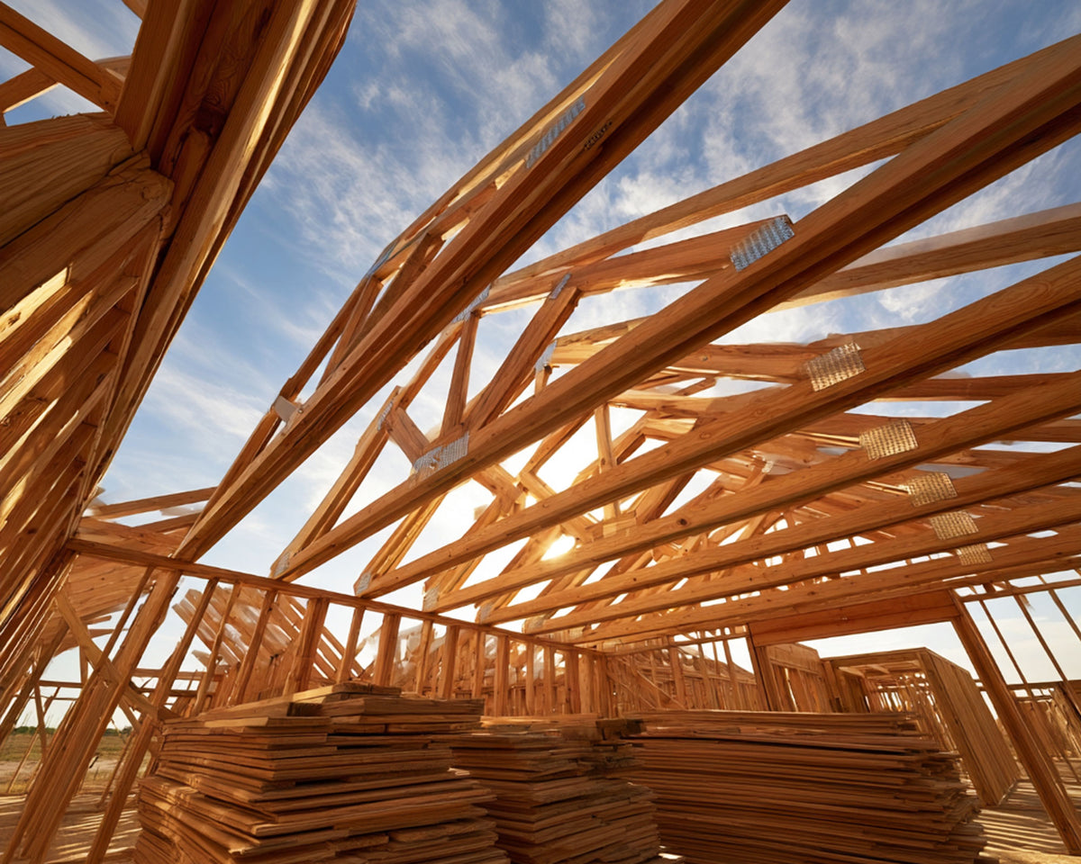 Engineered wood roof trusses framed on a commercial and residential construction site in Victoria, Victoria County, Texas.