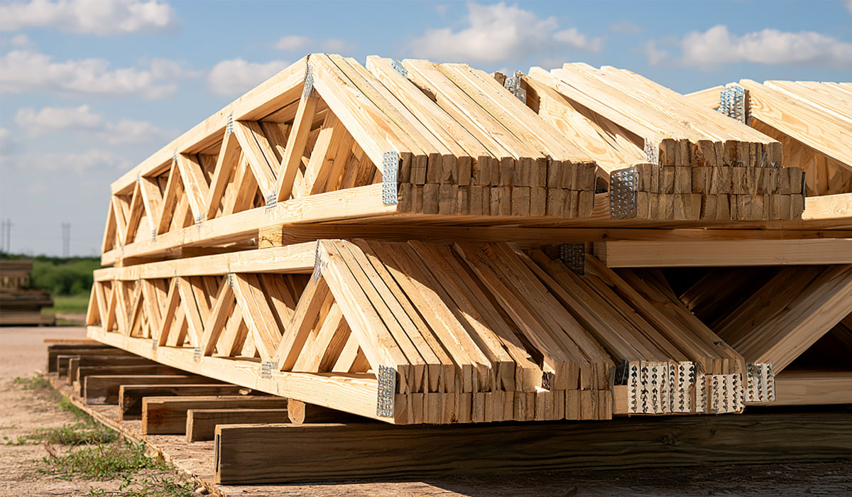 Engineered wood roof trusses bundled and banded for commercial and residential delivery in Victoria, TX.