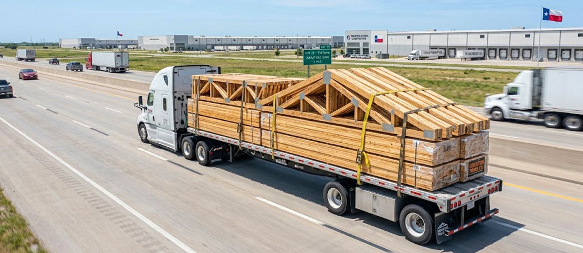 American Truss flatbed semi-truck transporting banded timber roof trusses along US-59 near Victoria, Texas.