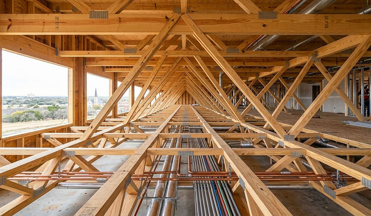 Open-web timber floor trusses installed on a commercial framing jobsite in Victoria County, Texas.