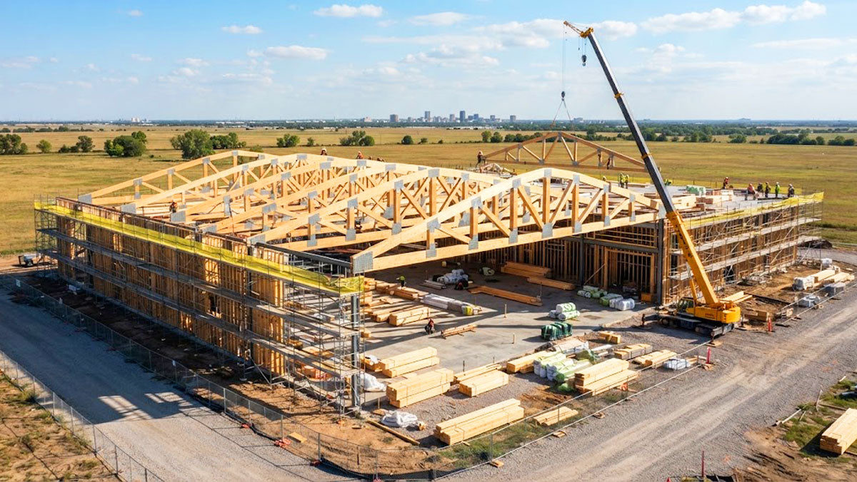 Commercial facility framed with clear-span timber roof trusses in Wichita, Kansas.